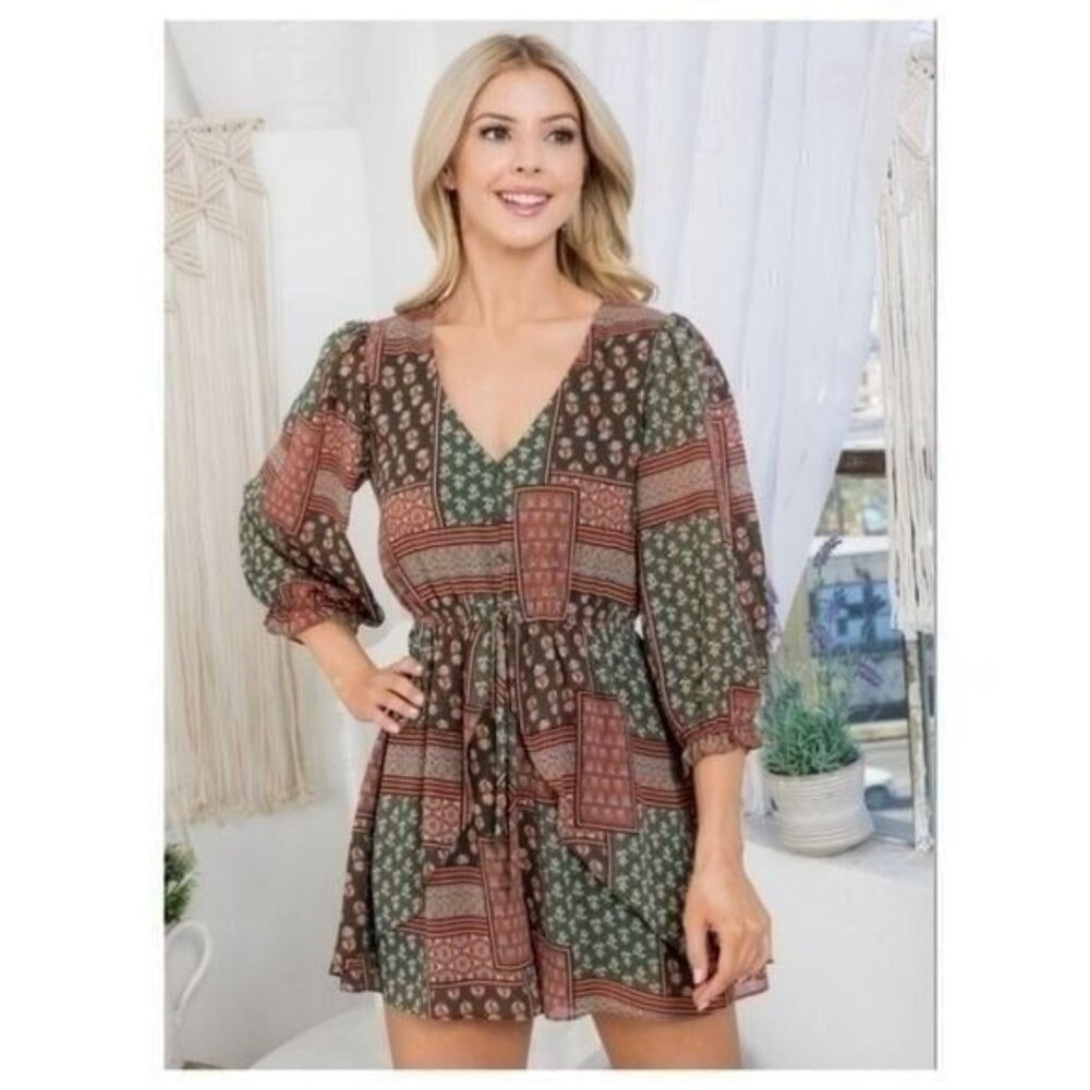 Boho Long Sleeve Patchwork Print Romper W/ Drawstring Waist & V-Neckline-NEW - Picture 2 of 7